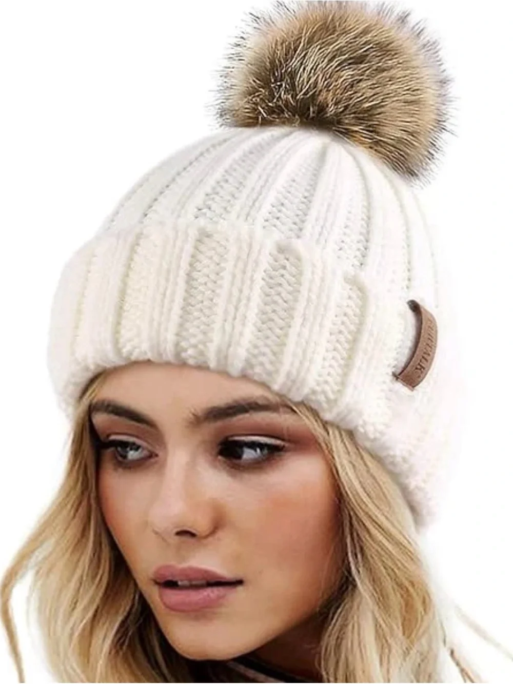 Chunky Cream Knit Beanie with Faux Fur Pom